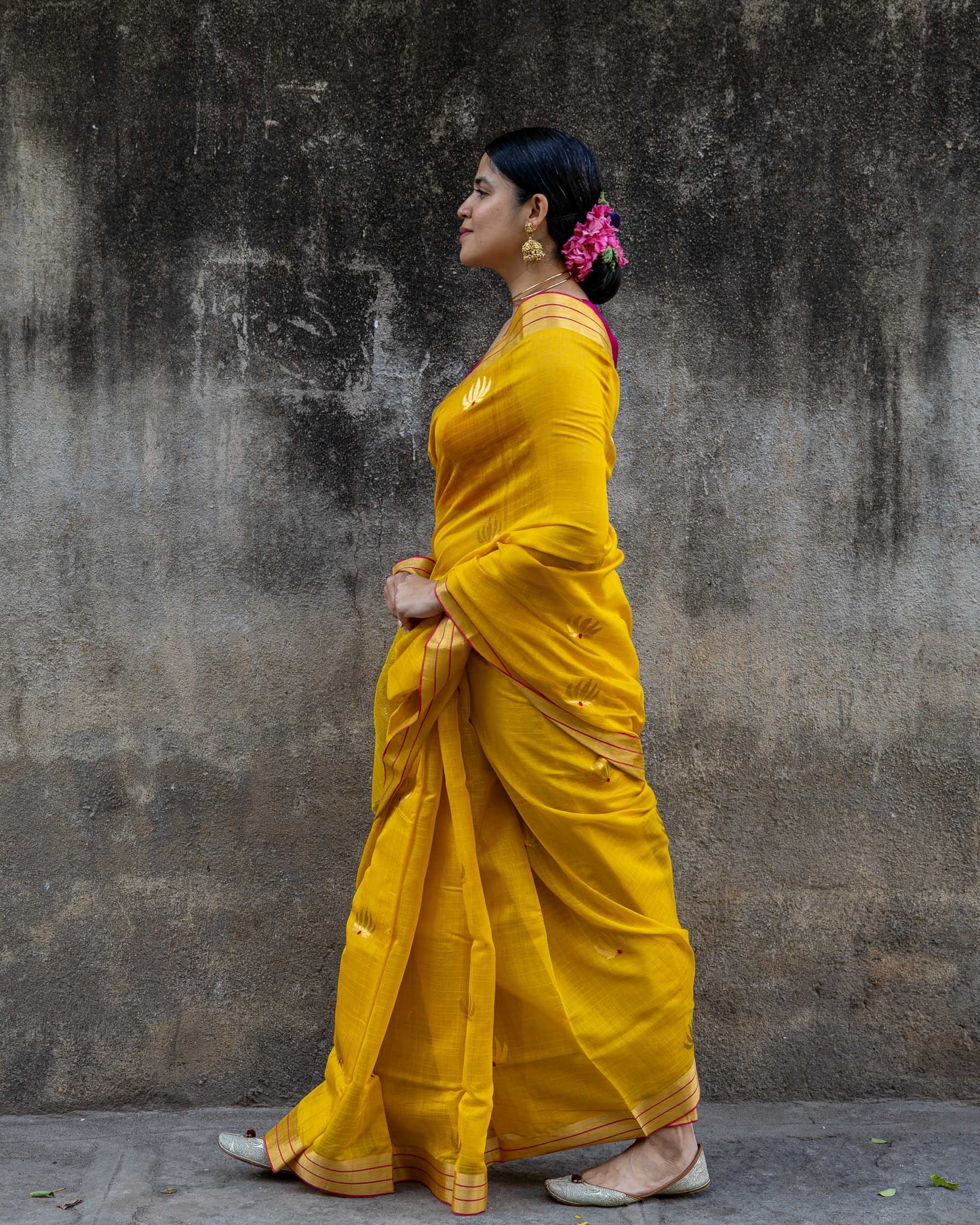 Padmika - Yellow Chanderi Cotton silk sari with Gold Zari Lotus motif and red meenakari work