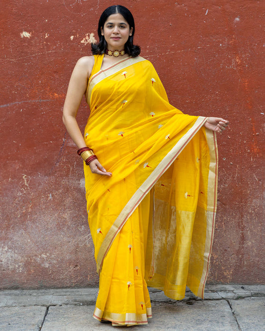 Amoda – Yellow Chanderi Cotton Silk Saree – Zari and Meenakari Flower Motif