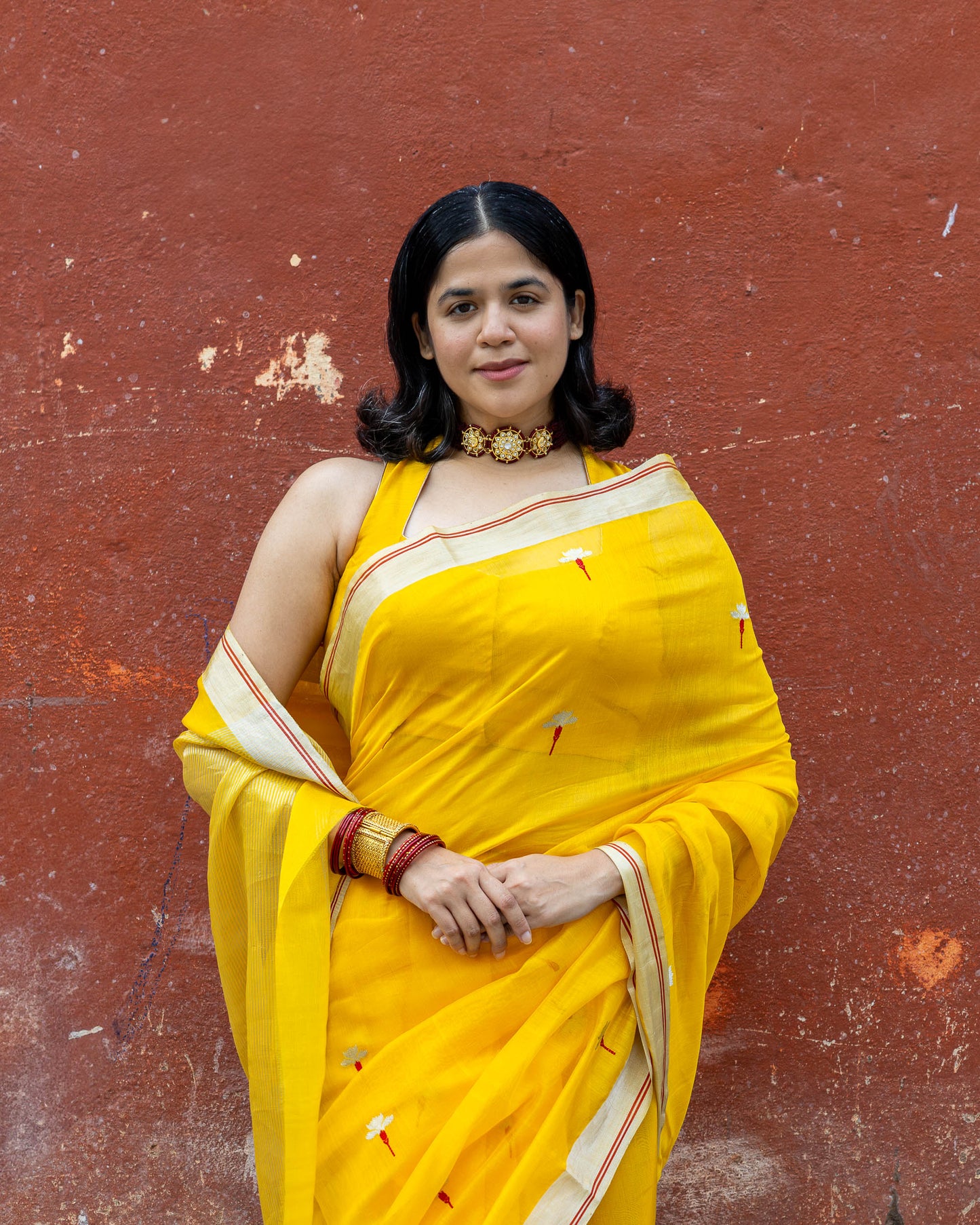 Amoda – Yellow Chanderi Cotton Silk Saree – Zari and Meenakari Flower Motif