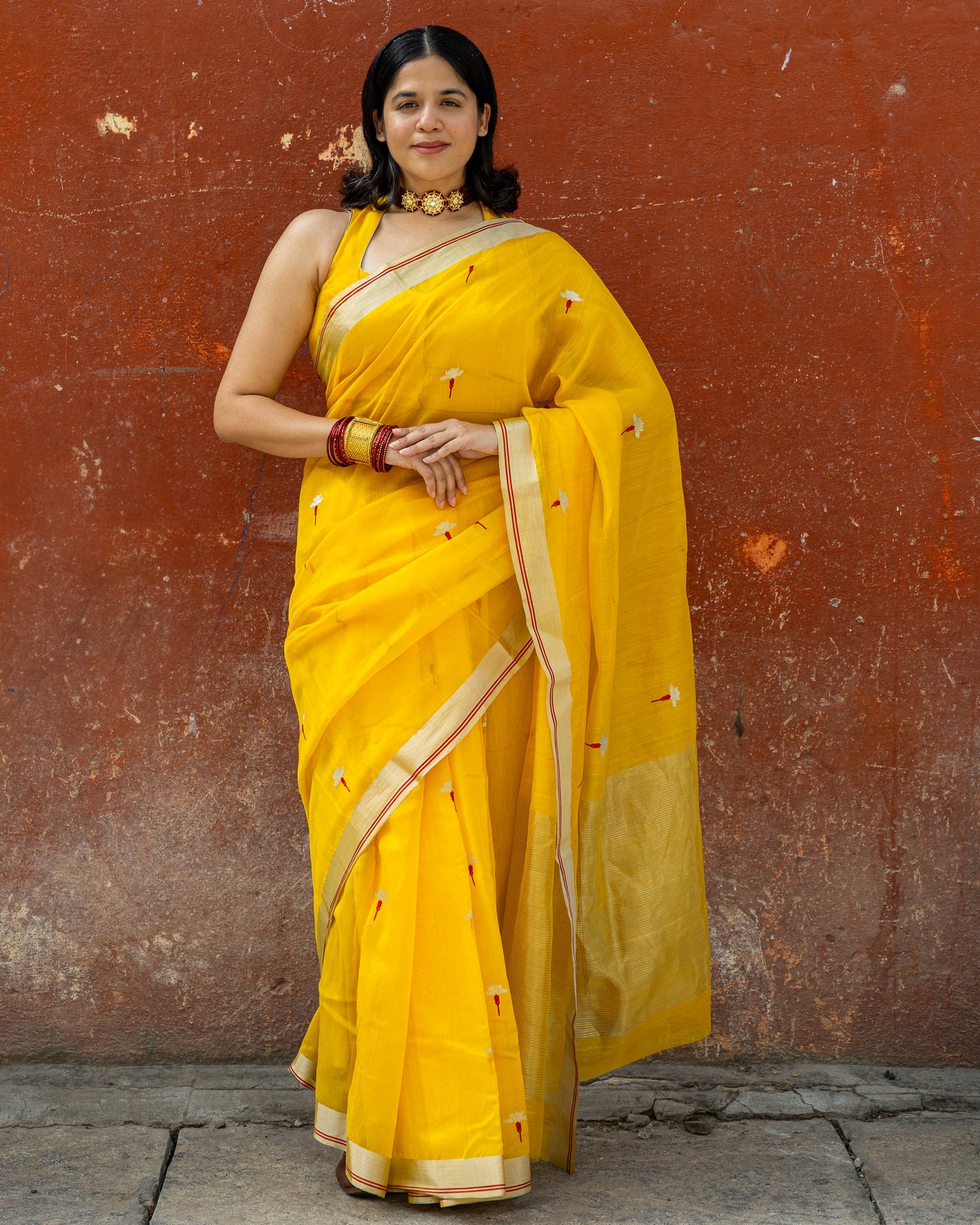 Amoda – Yellow Chanderi Cotton Silk Saree – Zari and Meenakari Flower Motif
