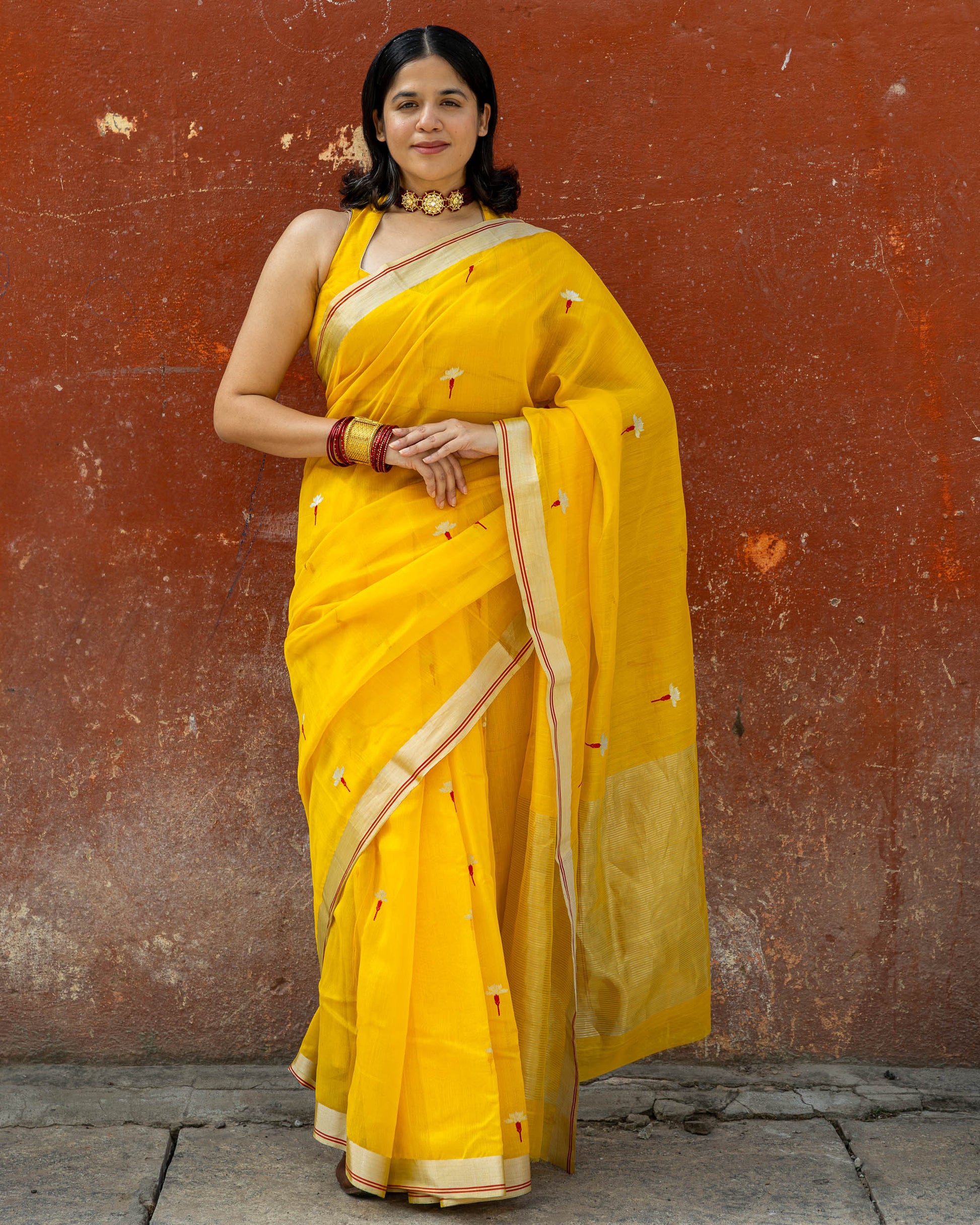 Amoda – Yellow Chanderi Cotton Silk Saree – Zari and Meenakari Flower Motif