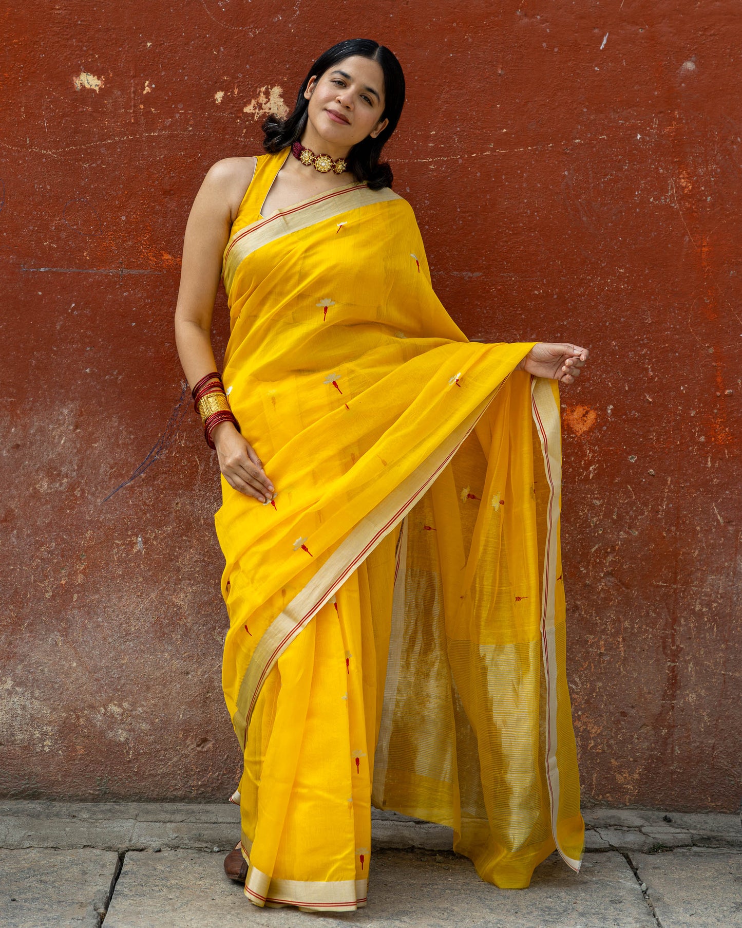 Amoda – Yellow Chanderi Cotton Silk Saree – Zari and Meenakari Flower Motif