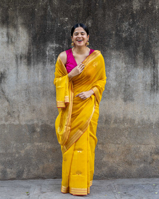 Padmika - Yellow Chanderi Cotton silk sari with Gold Zari Lotus motif and red meenakari work