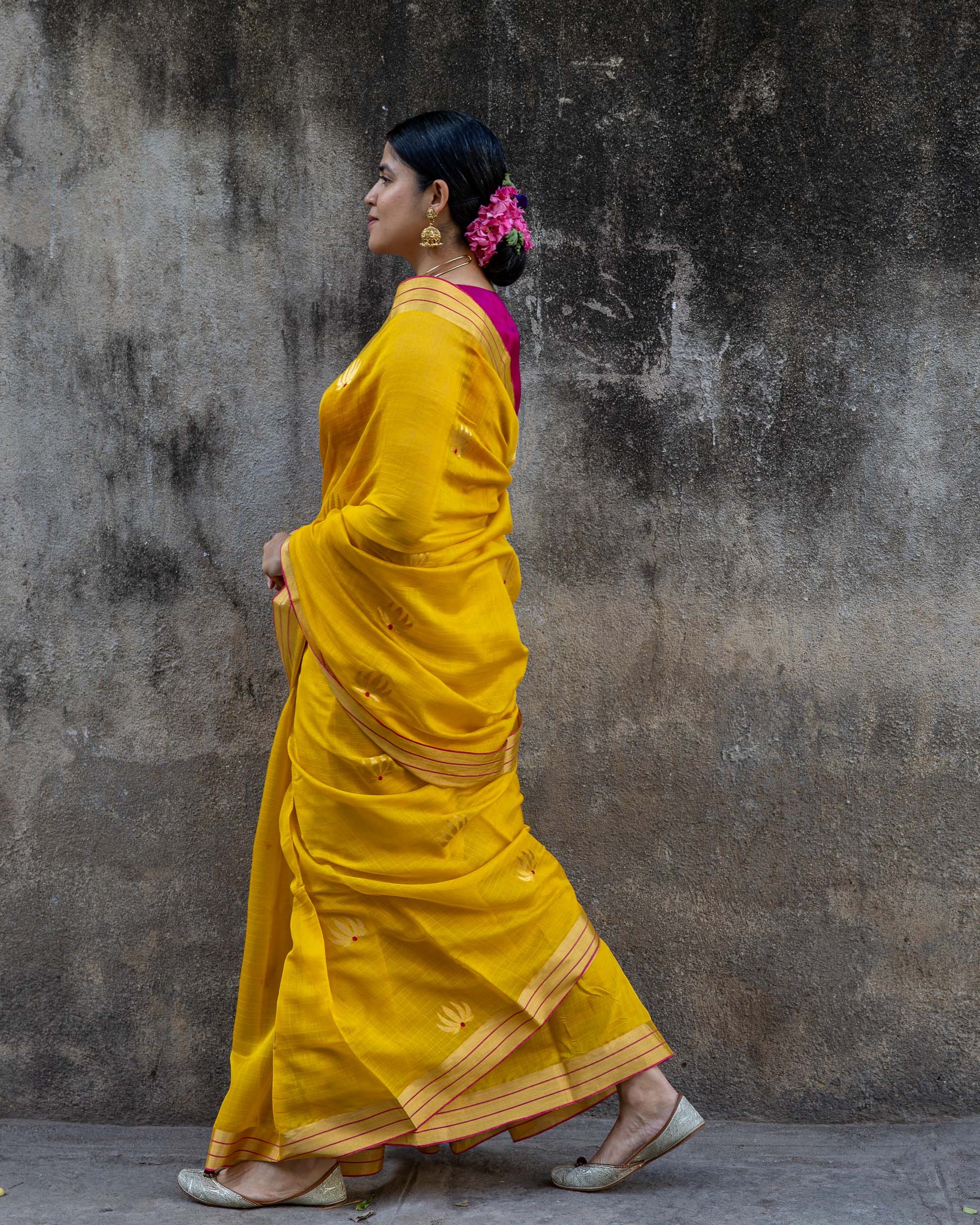 Padmika - Yellow Chanderi Cotton silk sari with Gold Zari Lotus motif and red meenakari work