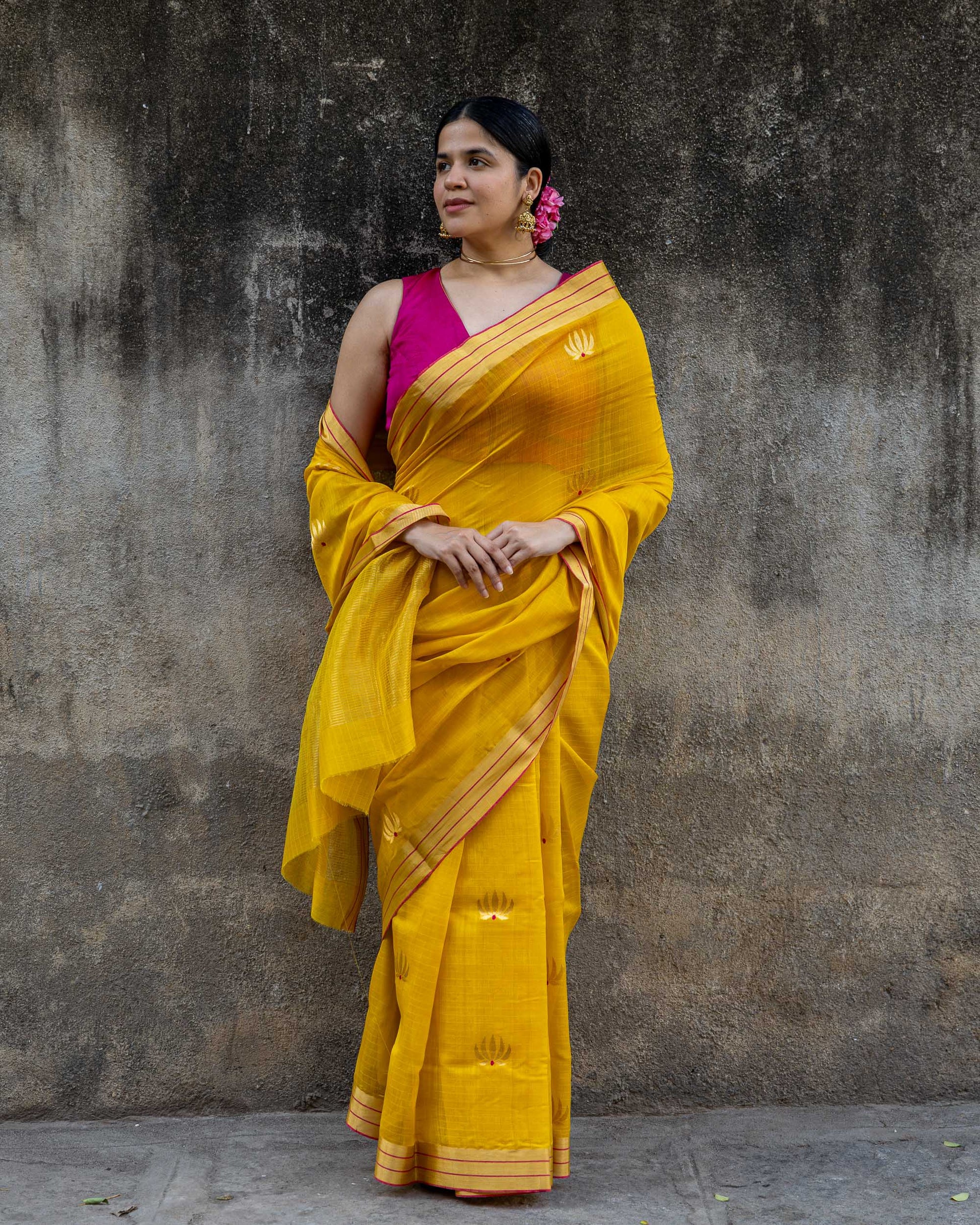 Padmika - Yellow Chanderi Cotton silk sari with Gold Zari Lotus motif and red meenakari work