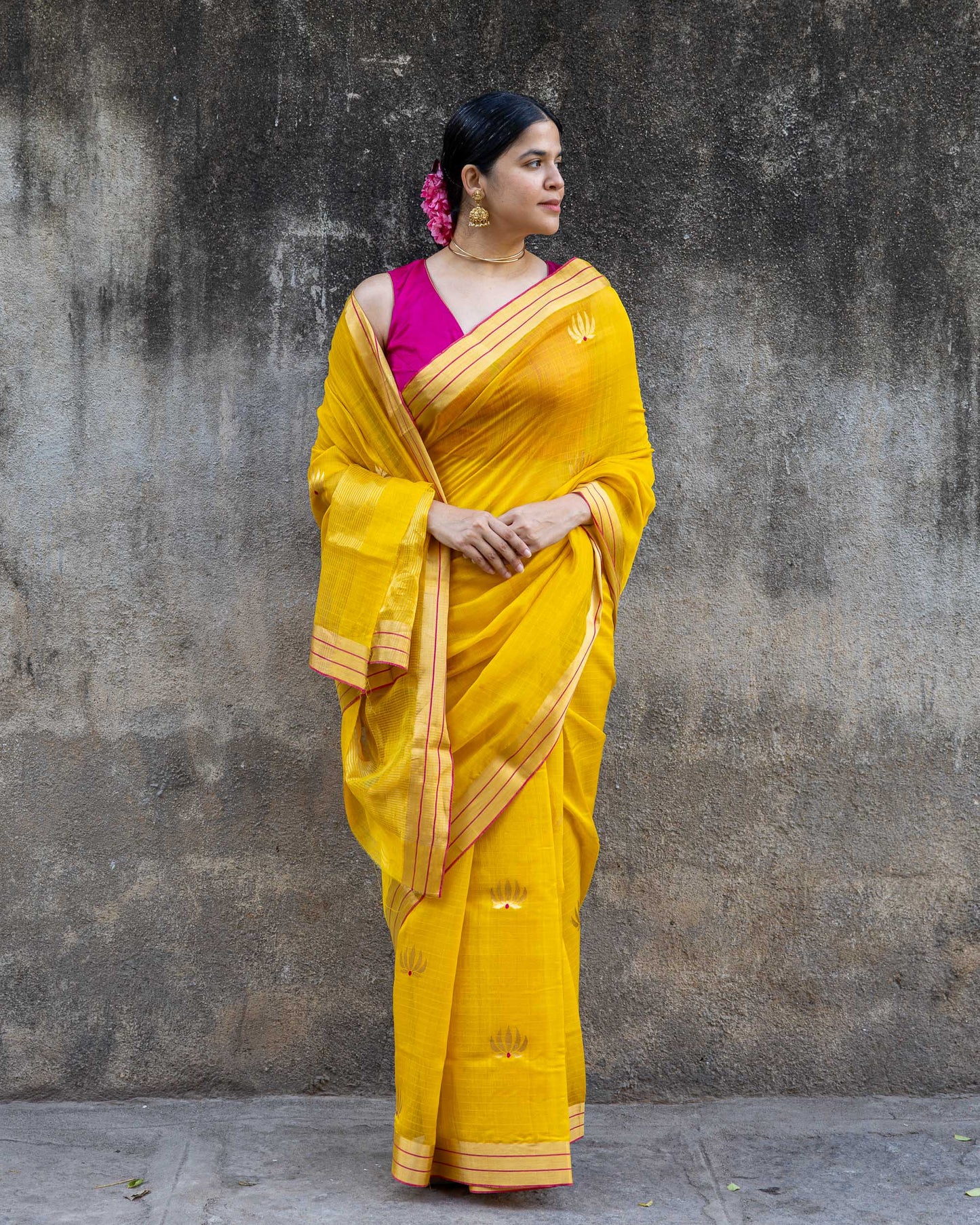Padmika - Yellow Chanderi Cotton silk sari with Gold Zari Lotus motif and red meenakari work