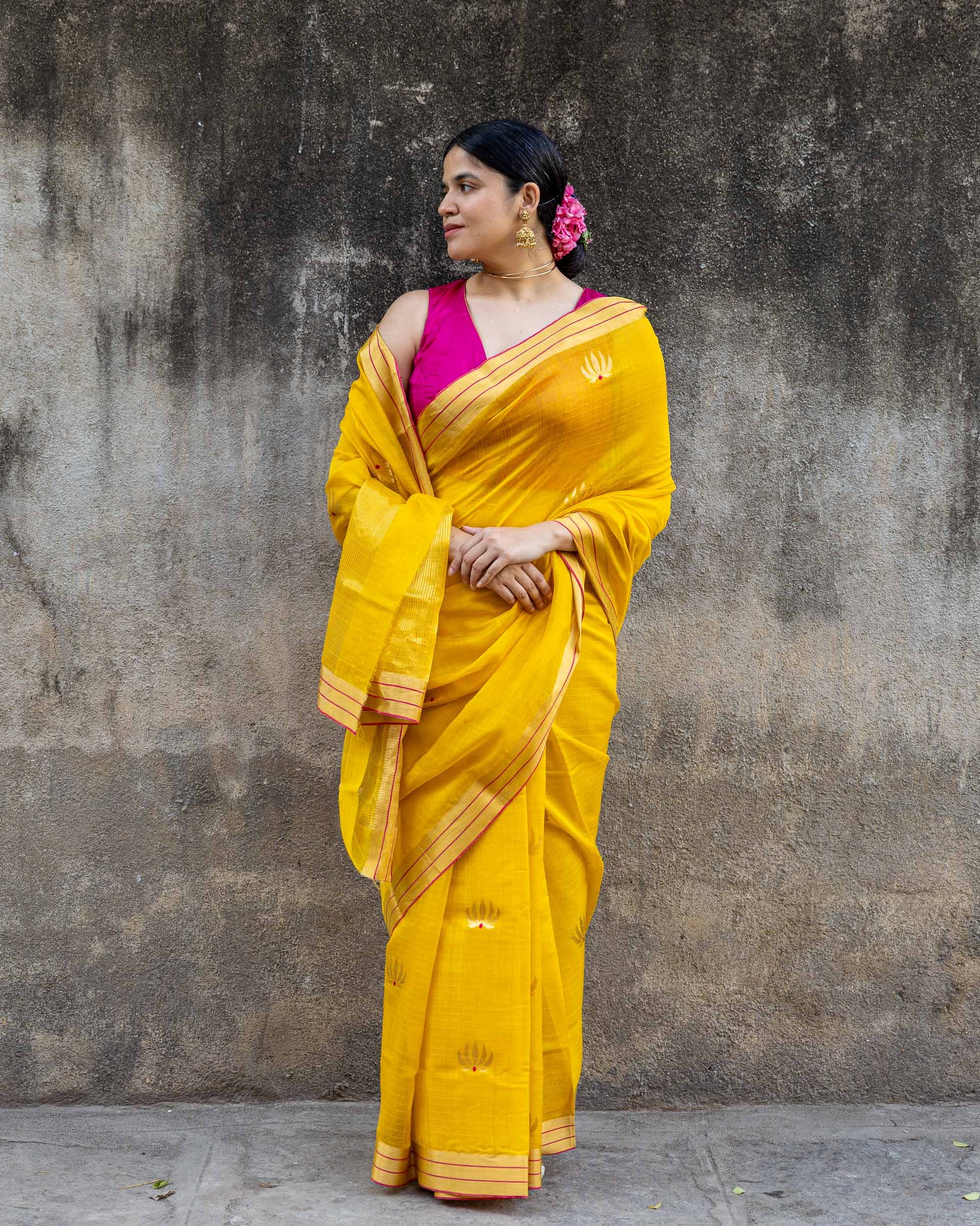 Padmika - Yellow Chanderi Cotton silk sari with Gold Zari Lotus motif and red meenakari work